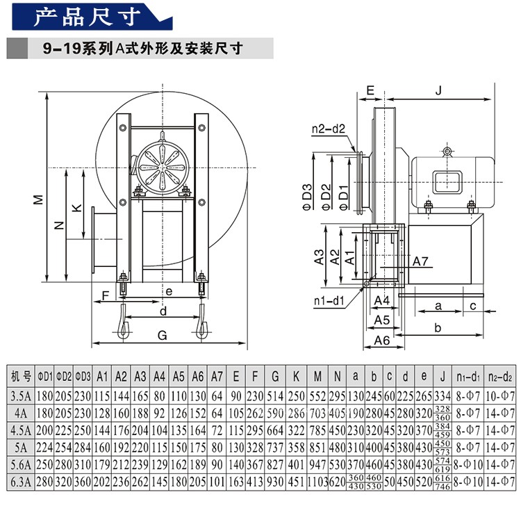 九州普惠9-19高压离心通风机安装尺寸